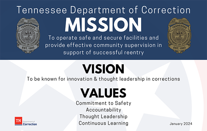 TDOC Mission TDOC Mission, Vision & Values - Mission: To operate safe and secure prisons and provide effective community supervision in support of successful reentry. Vision: To be known for innovation & thought leadership in corrections. Values: Commitment to Safety; Accountability; Thought Leadership; Continuous Learning
