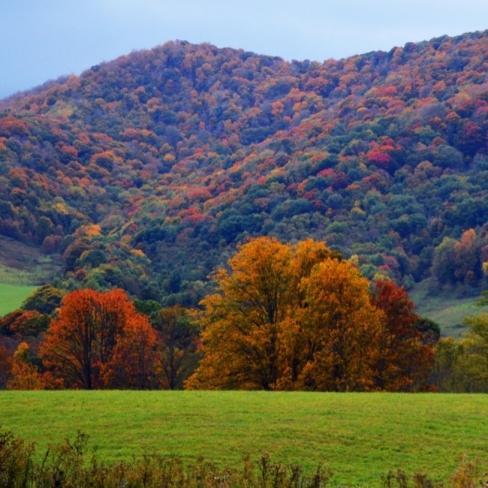 A green field surrounded by southern Appalachian hills with fall colors