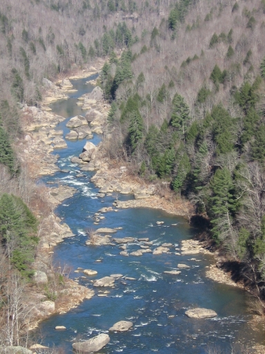 A large river full of boulders flows between leafless tree-covered hills