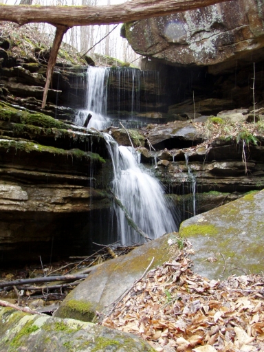 A small waterfall pours over several ledges to the stream below