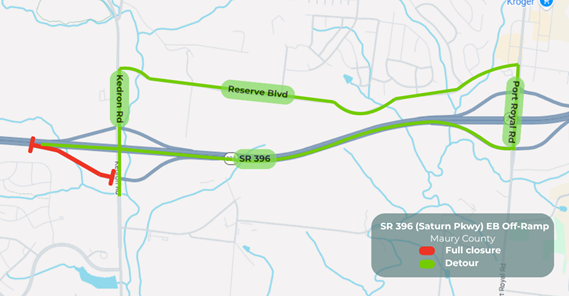 Eastbound Detour Map shows Saturn Parkway ramp closure and eastbound detour.