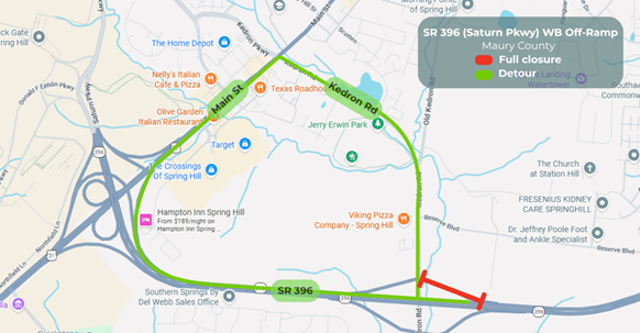 Westbound Detour. Map shows Saturn Parkway ramp closure and westbound detour.