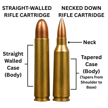 Cartridge Examples Image of, straight-walled rifle cartridge vs necked down rifle cartridge.